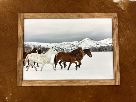 Horses in Snow Wood Framed Wall Art Print