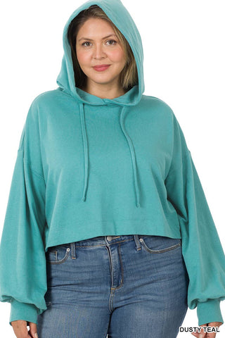 Plus French Terry Drop Shoulder Cropped Hoodie: Dusty Teal