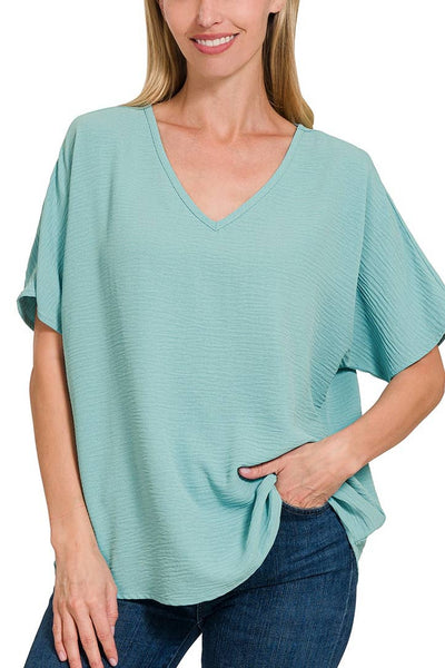 Woven Airflow V-neck Short Sleeve Top