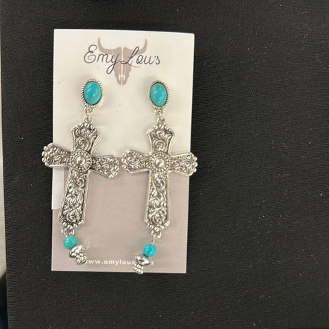 Turquoise and Silvertone Enka Cross Earrings