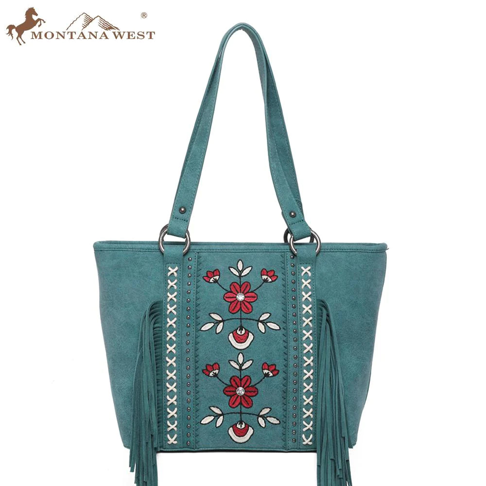 Wrangler Embroidered Floral Fringe Concealed Carry Tote - Turquoise