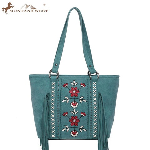 Wrangler Embroidered Floral Fringe Concealed Carry Tote - Turquoise