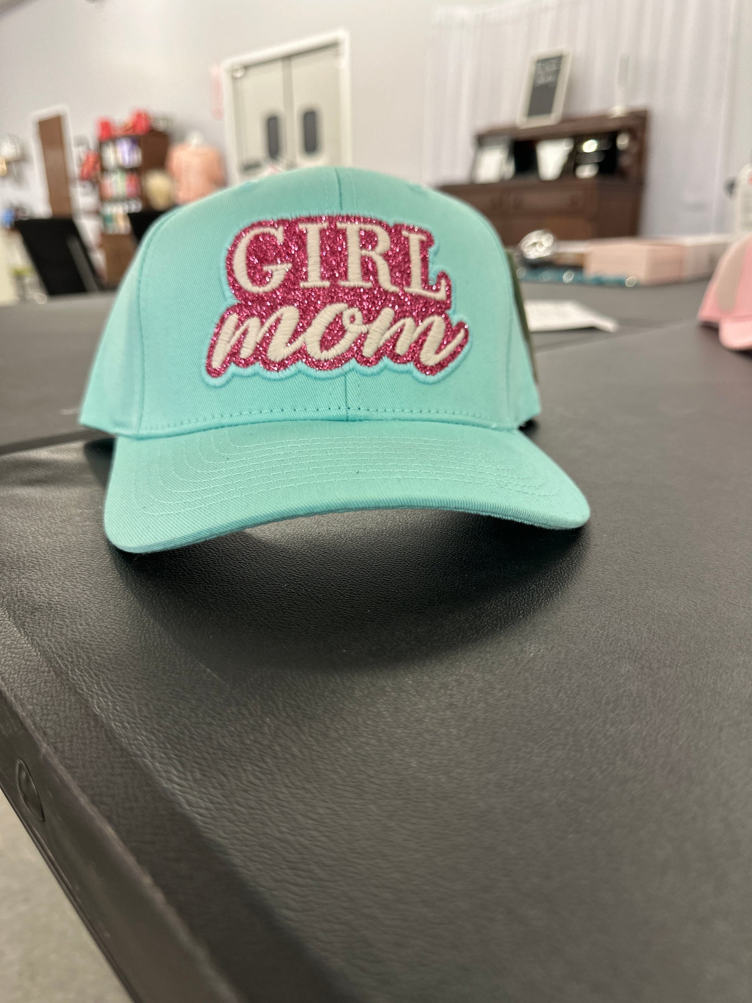 Light Blue Glitter 'Girl Mom' Snapback Cap