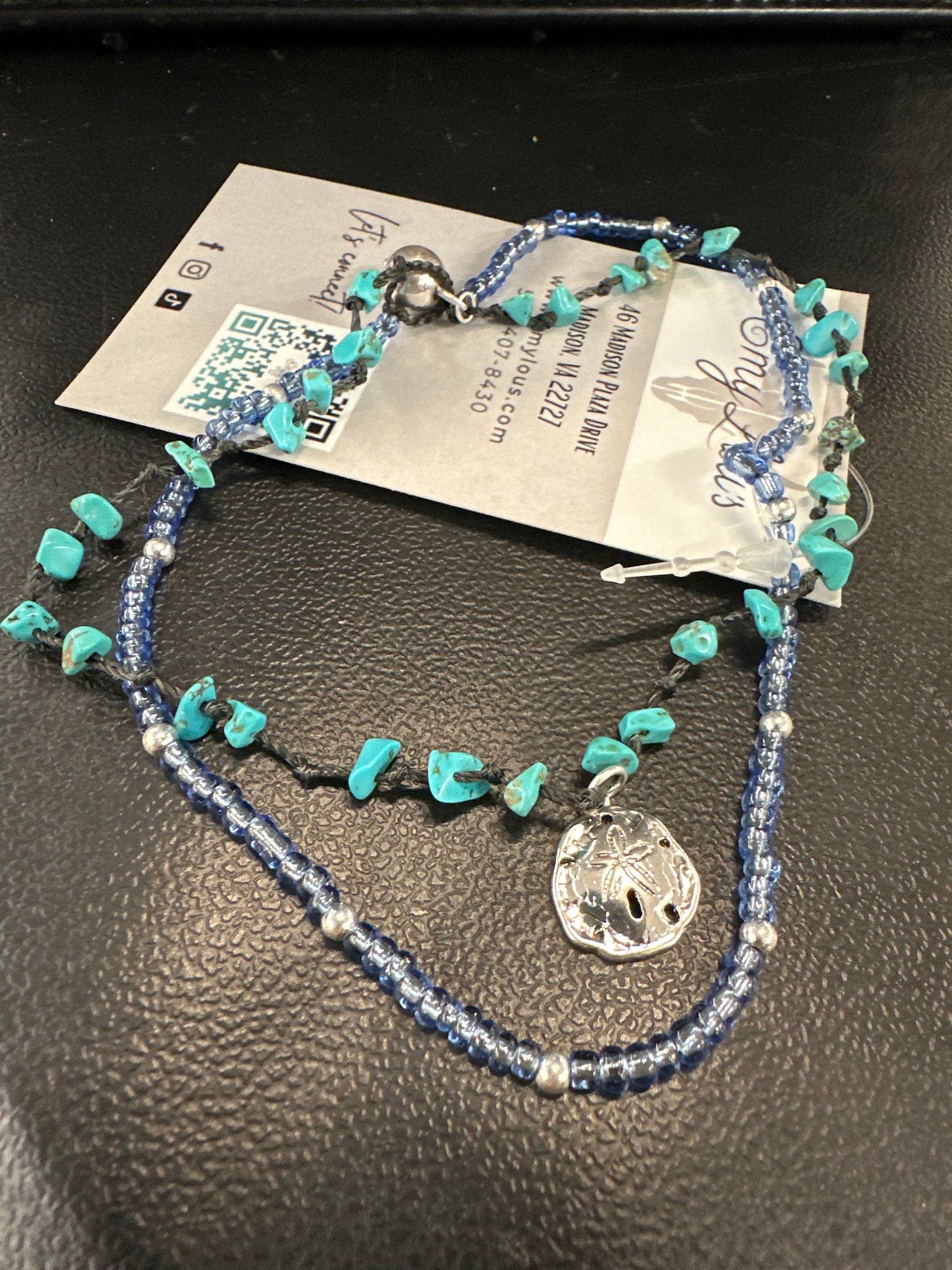 Sand Dollar Charm Blue Seed Bead and Chip Stone Layered Anklet