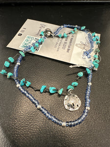 Sand Dollar Charm Blue Seed Bead and Chip Stone Layered Anklet