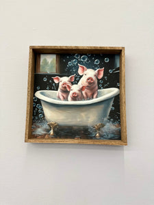 Three Little Piggies in Bubble Bath Canvas Art with Wood Box Frame