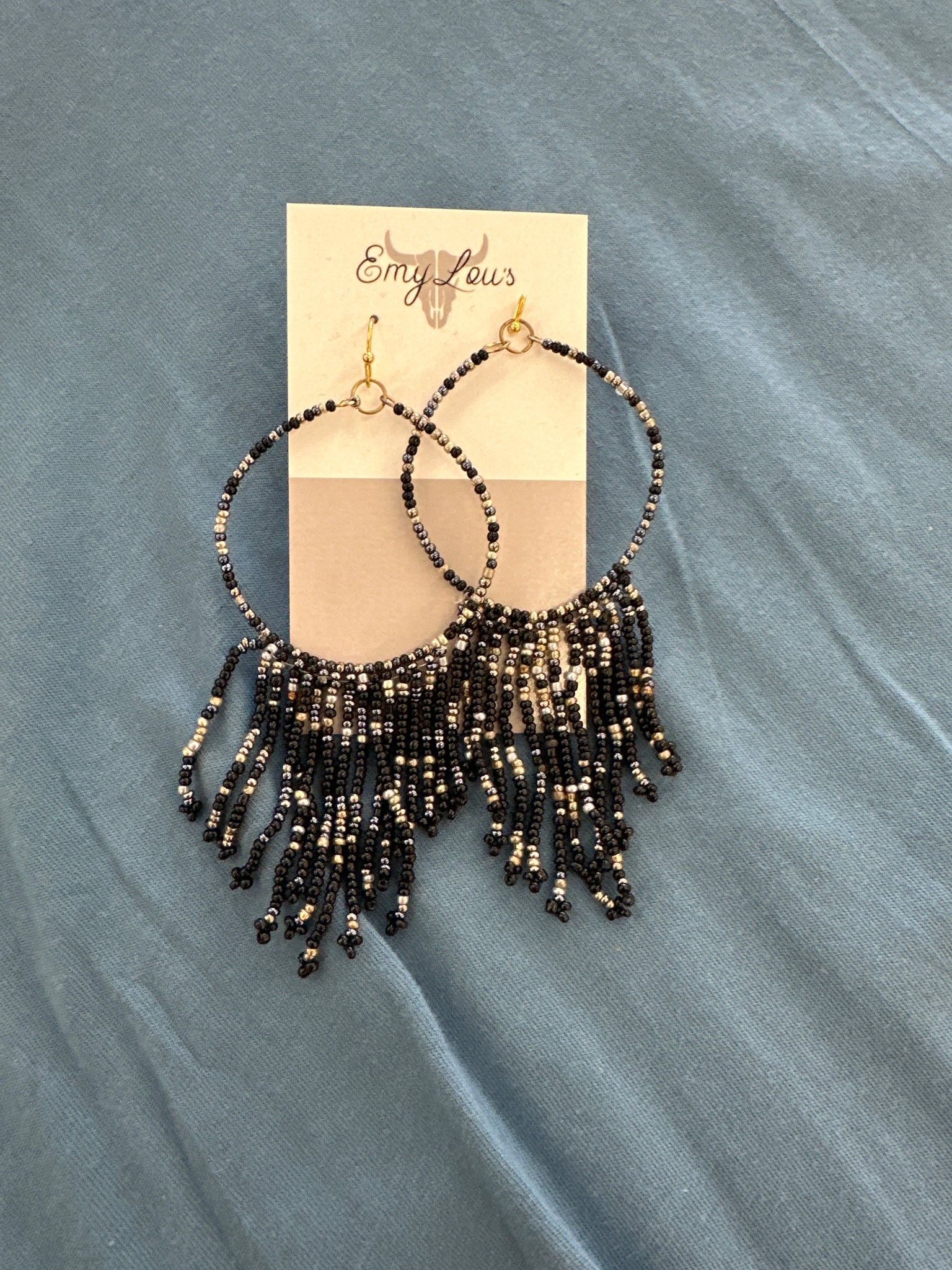 Black Seed Bead Teardrop Fringe Earrings
