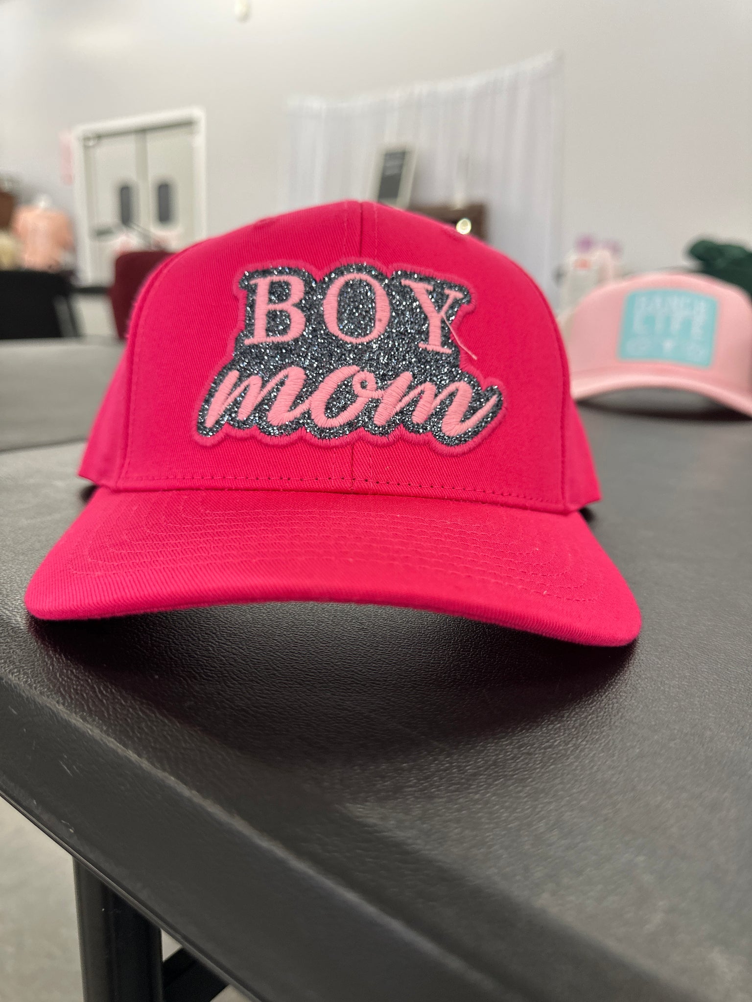 Hot Pink Glitter 'Boy Mom' Snapback Cap