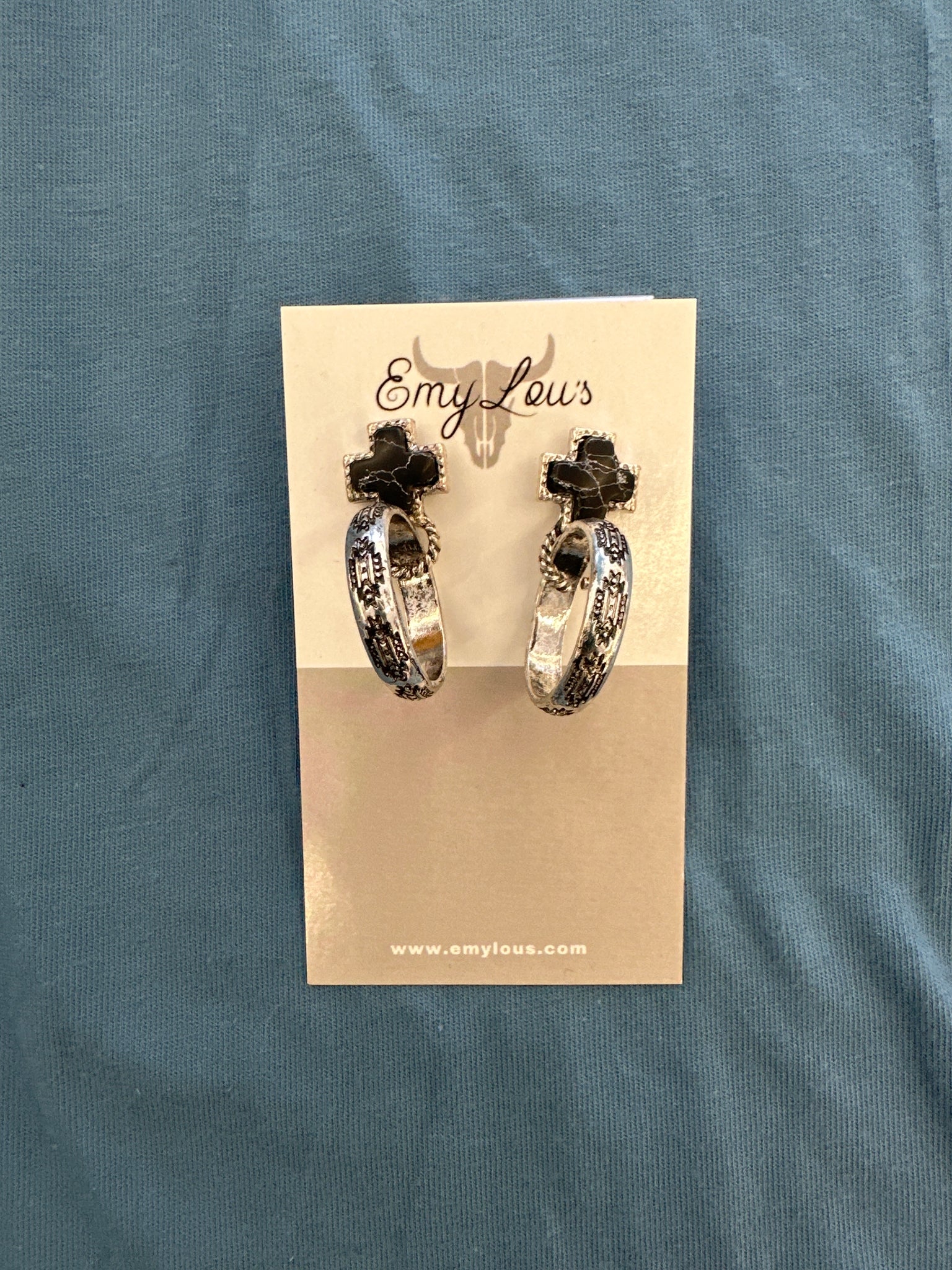 Black and Silvertone Boulder Bay Cross Hoop Earrings