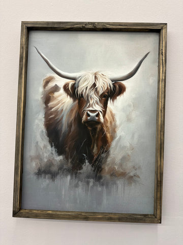 Gray Highland Cow - Farmhouse Canva Art Framed