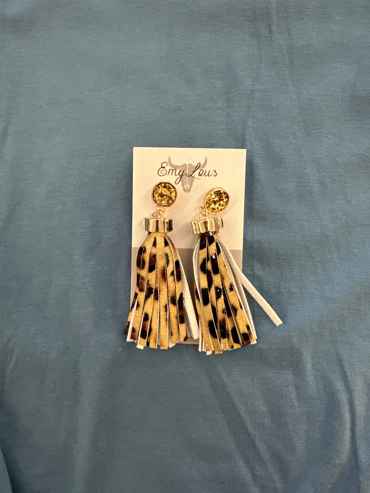 Gold Glitter Disk Leopard Tassel Earrings