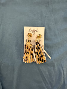 Gold Glitter Disk Leopard Tassel Earrings