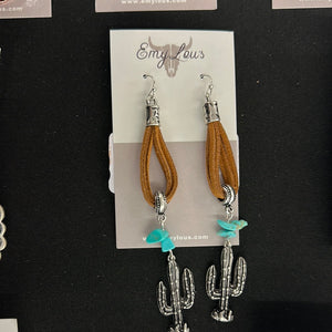 Rawhide Loop Silvertone Cactus Earrings