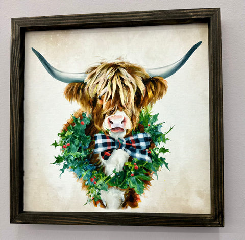 Christmas Highland Cow Bow & Wreath Framed Print