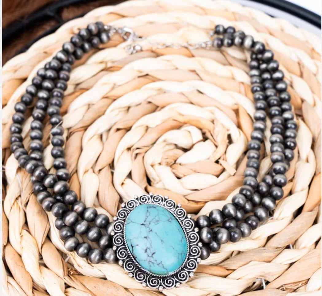 TURQUOISE HARMONY SILVER PEARL THREE ROW CHOKER