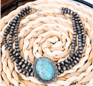 TURQUOISE HARMONY SILVER PEARL THREE ROW CHOKER