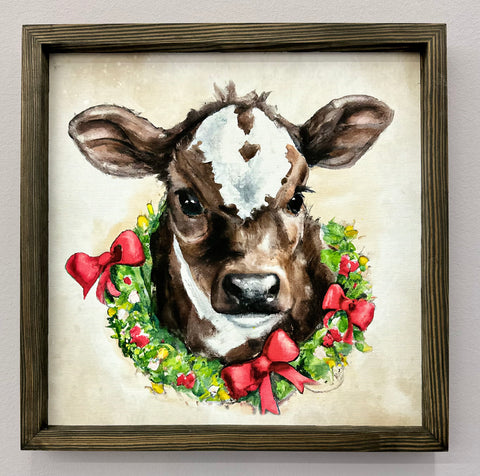 Cow in Christmas Wreath Holiday Farmhouse Framed Print