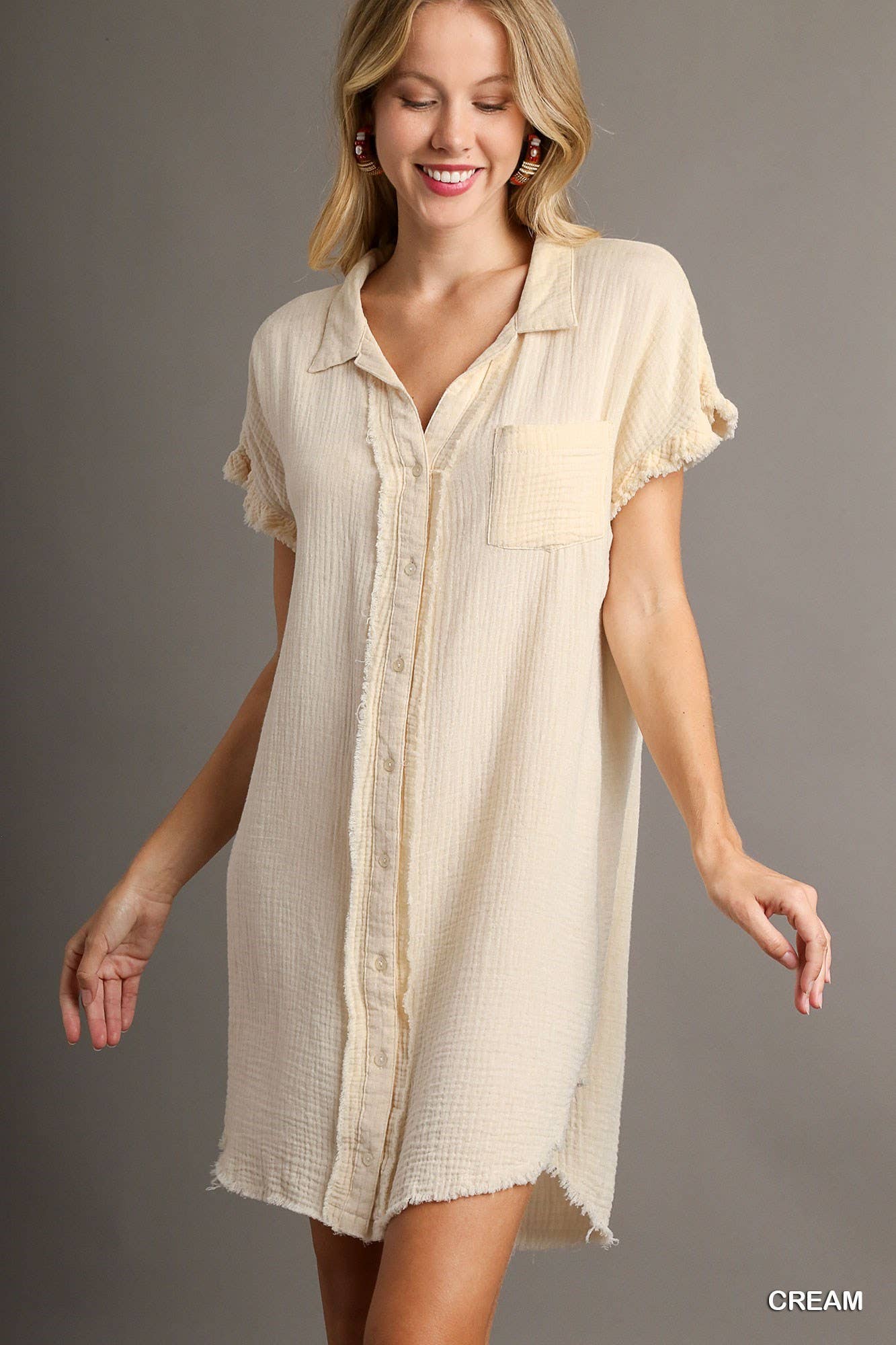 Collar Button Down Short Sleeve Gauze Shirt Dress