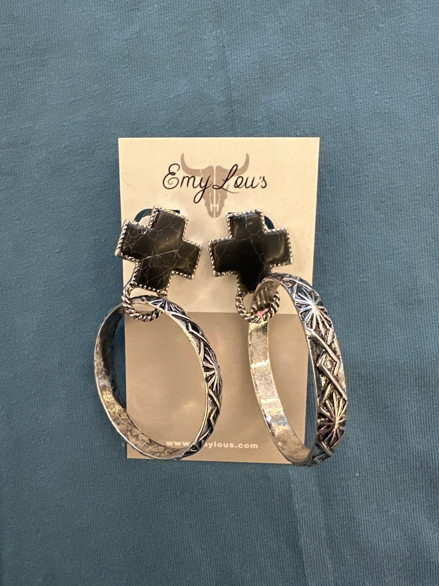 Black and Silvertone Boulder Lane Cross Hoop Earrings