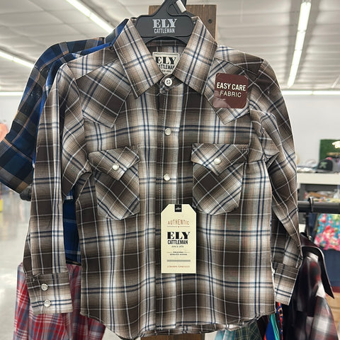 YOUTH Ely Cattleman Pearl Snap- Brown & Navy Plaid Long Sleeve