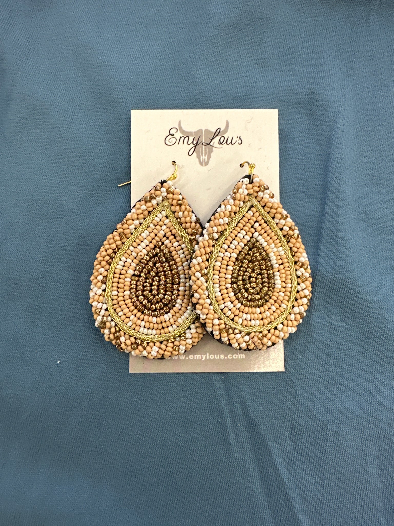Tan and White Beaded Teardrop Earrings