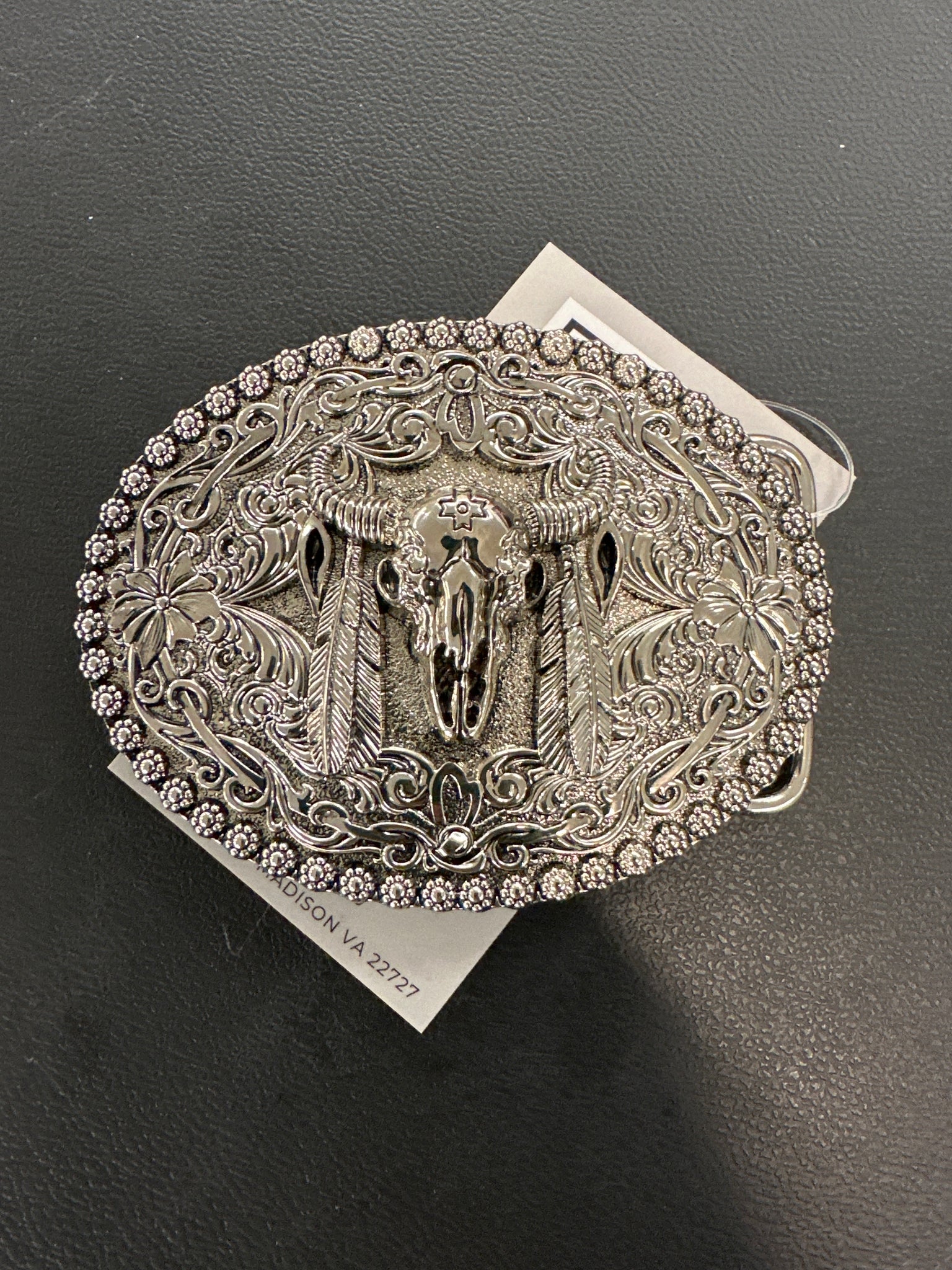 Steer Head Skull w/ Feathers Silver Belt Buckle