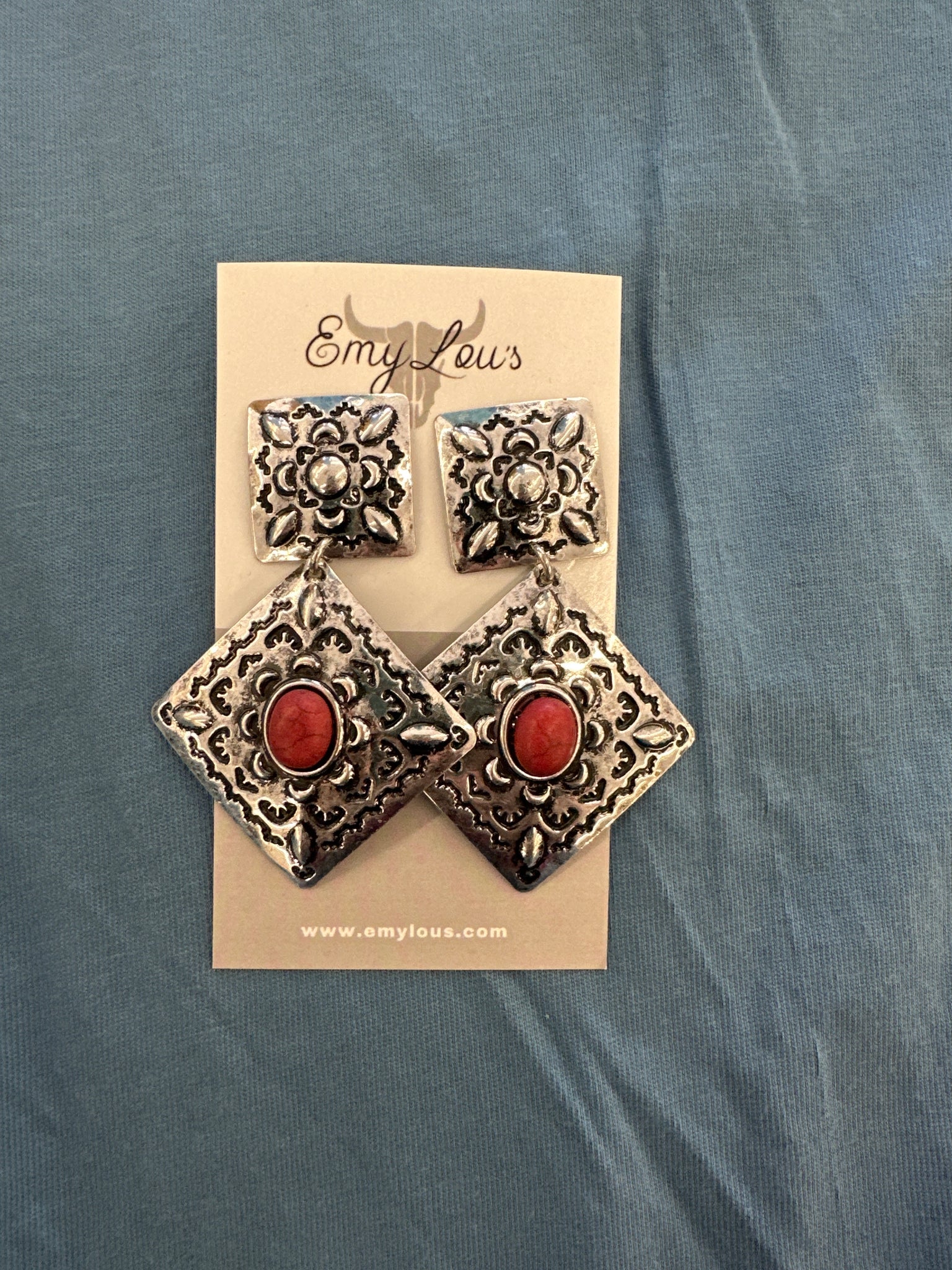 Maverick Red Silvertone Earrings
