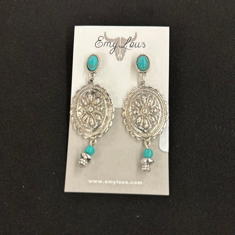 Turquoise and Silvertone Moselle Concho Earrings