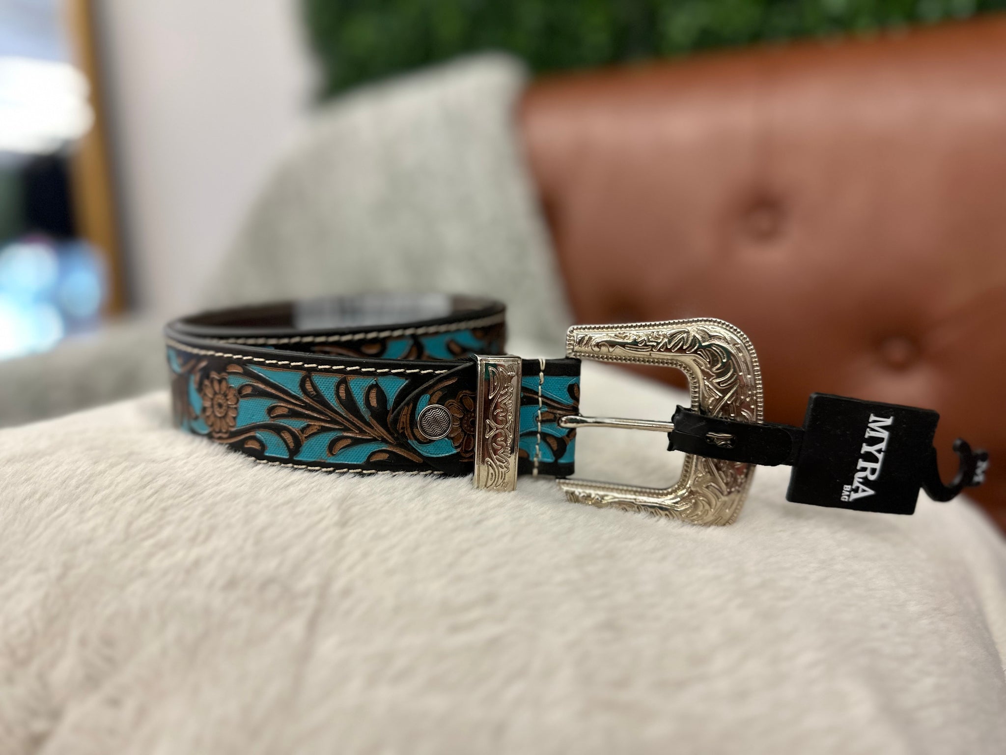 Myra Turquoise Hand-Tooled Leather Belt