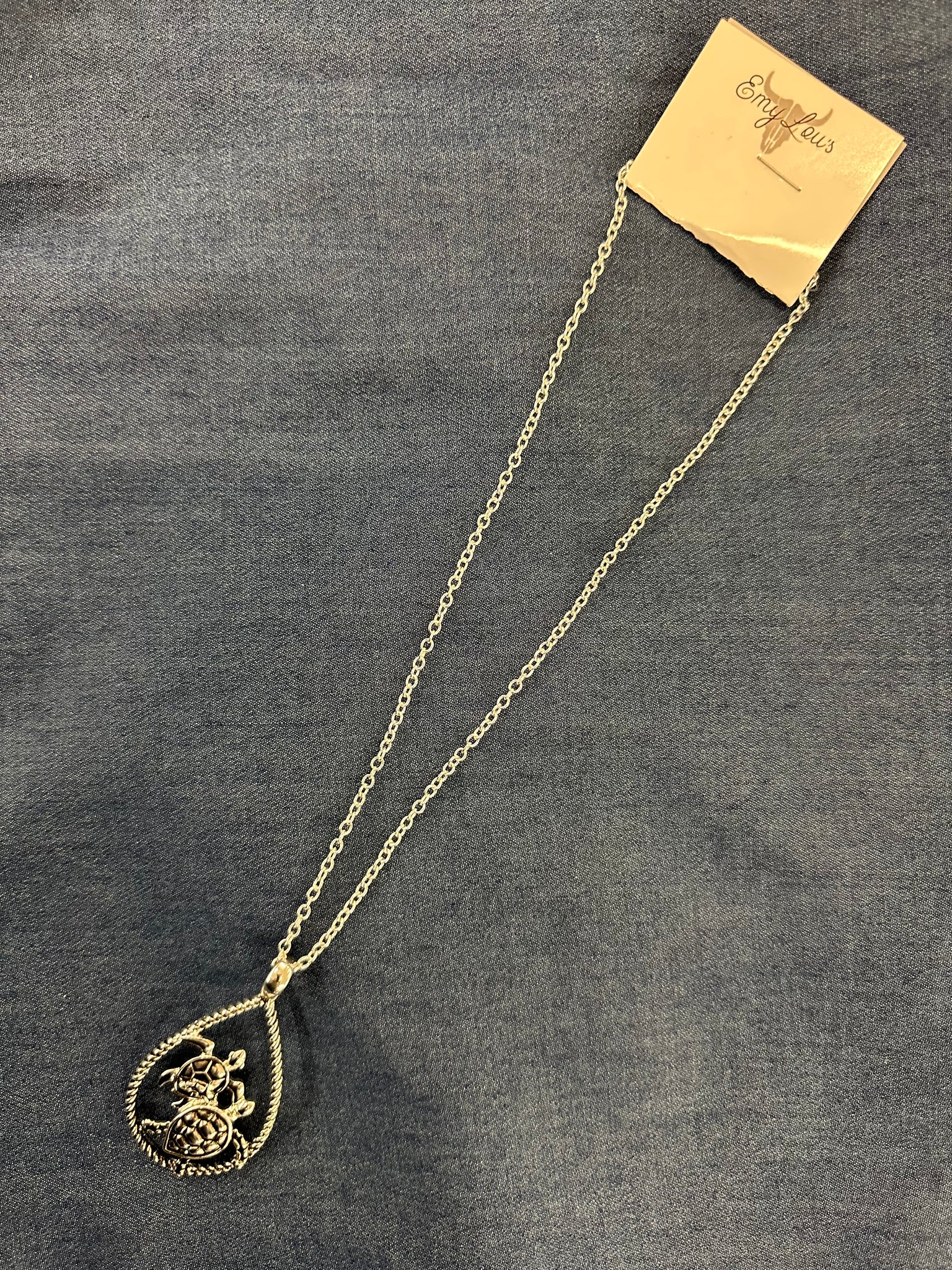 Silvertone Turtle Duo Teardrop Necklace