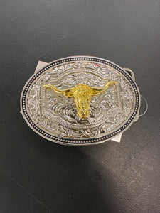 Gold Steer Head Silver Belt Buckle