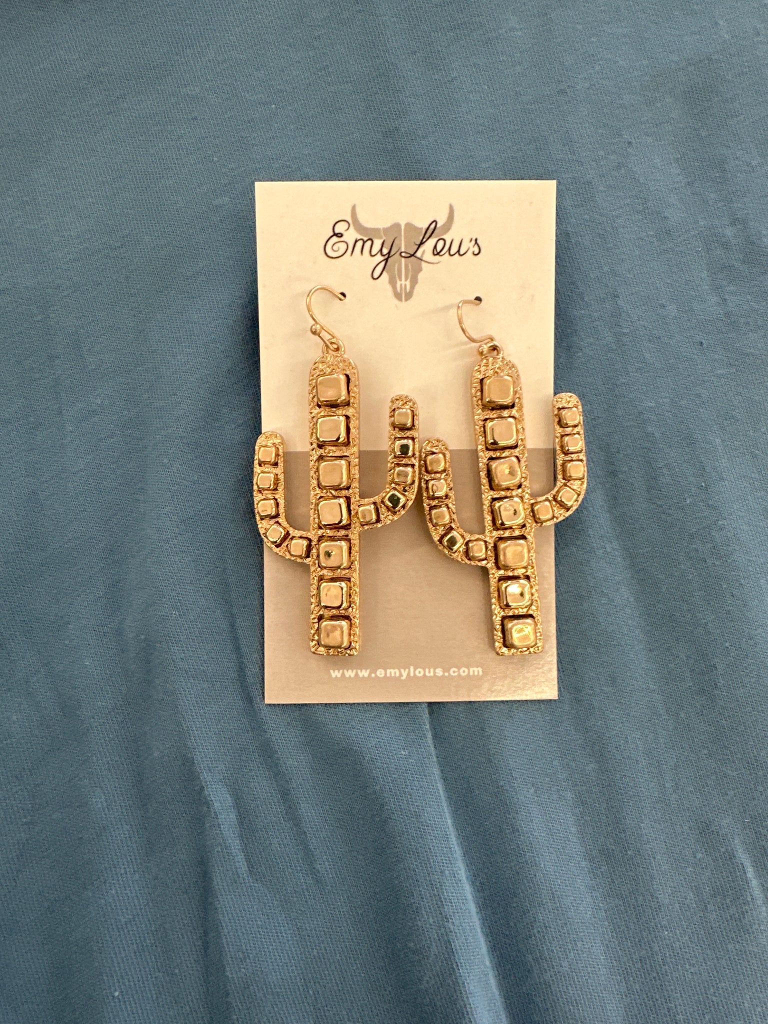 Worn Goldtone Cube Bead Cactus Earrings