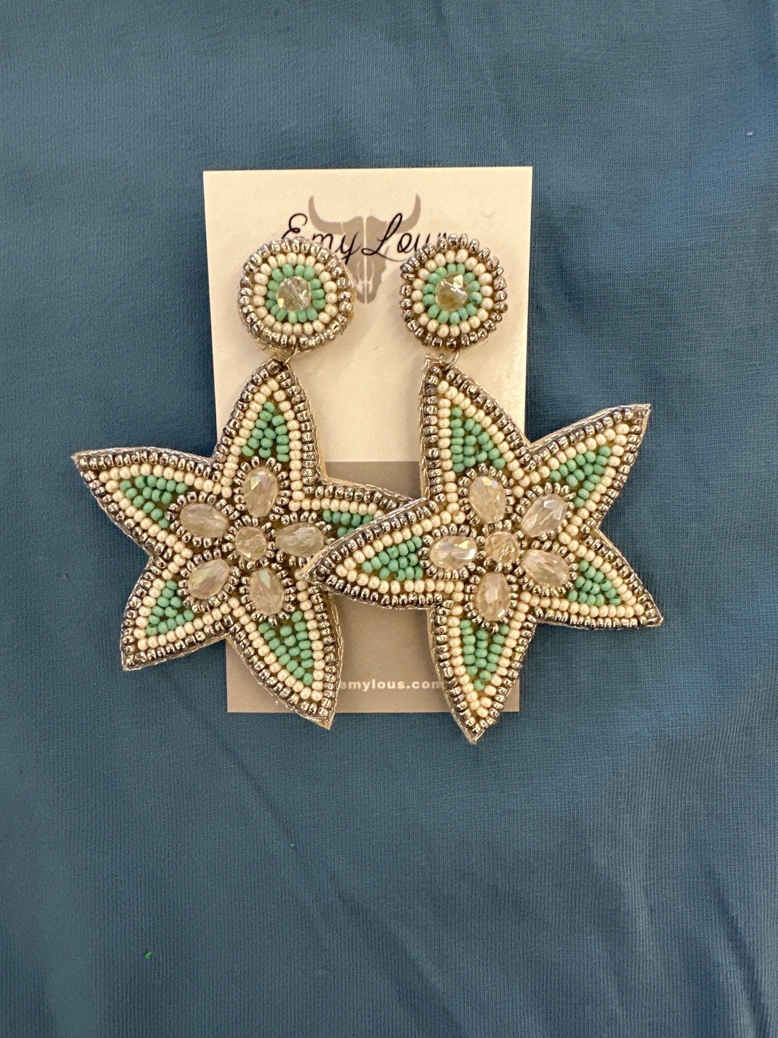 Silver Trimmed Mint and Ivory Seed Bead Starfish Earrings