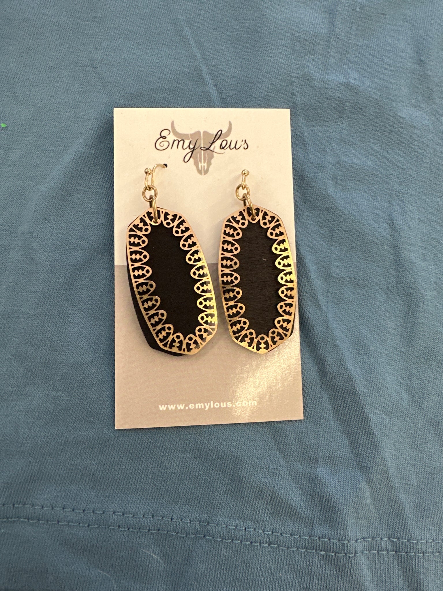Black Wood and Goldtone Layered Oval Earrings