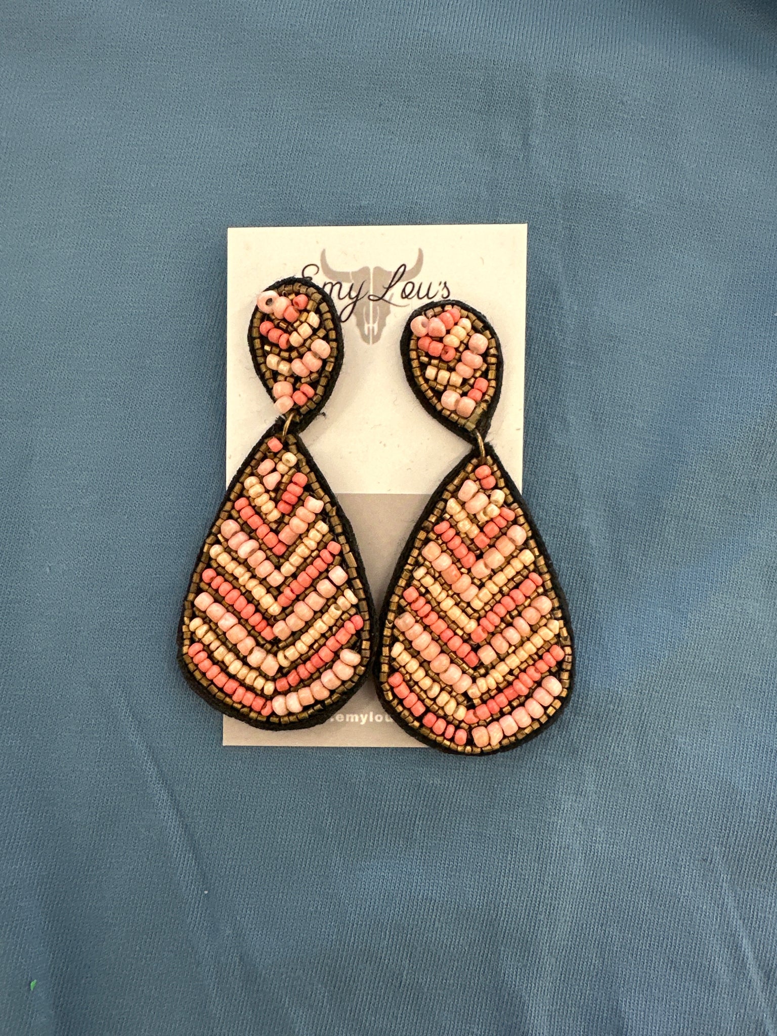 Coral and Gold Seed Bead Teardrop Earrings