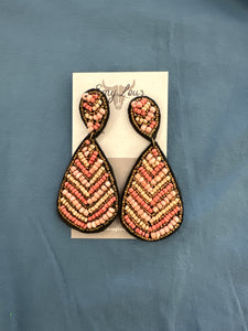 Coral and Gold Seed Bead Teardrop Earrings