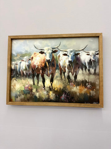 Longhorn Cow Herd- Framed Farmhouse Canvas Art Thick Wood Frame