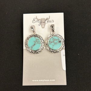 Silvertone Scroll Framed Turquoise Disk Earrings