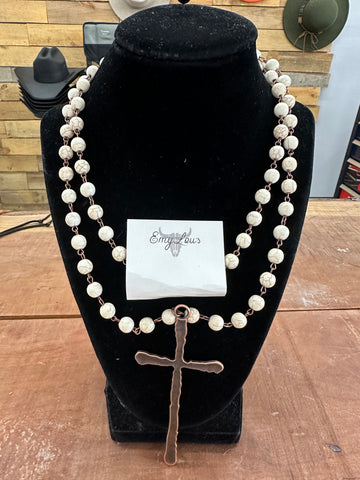 White Turquoise Long Beaded Necklace w/ Antique Cross