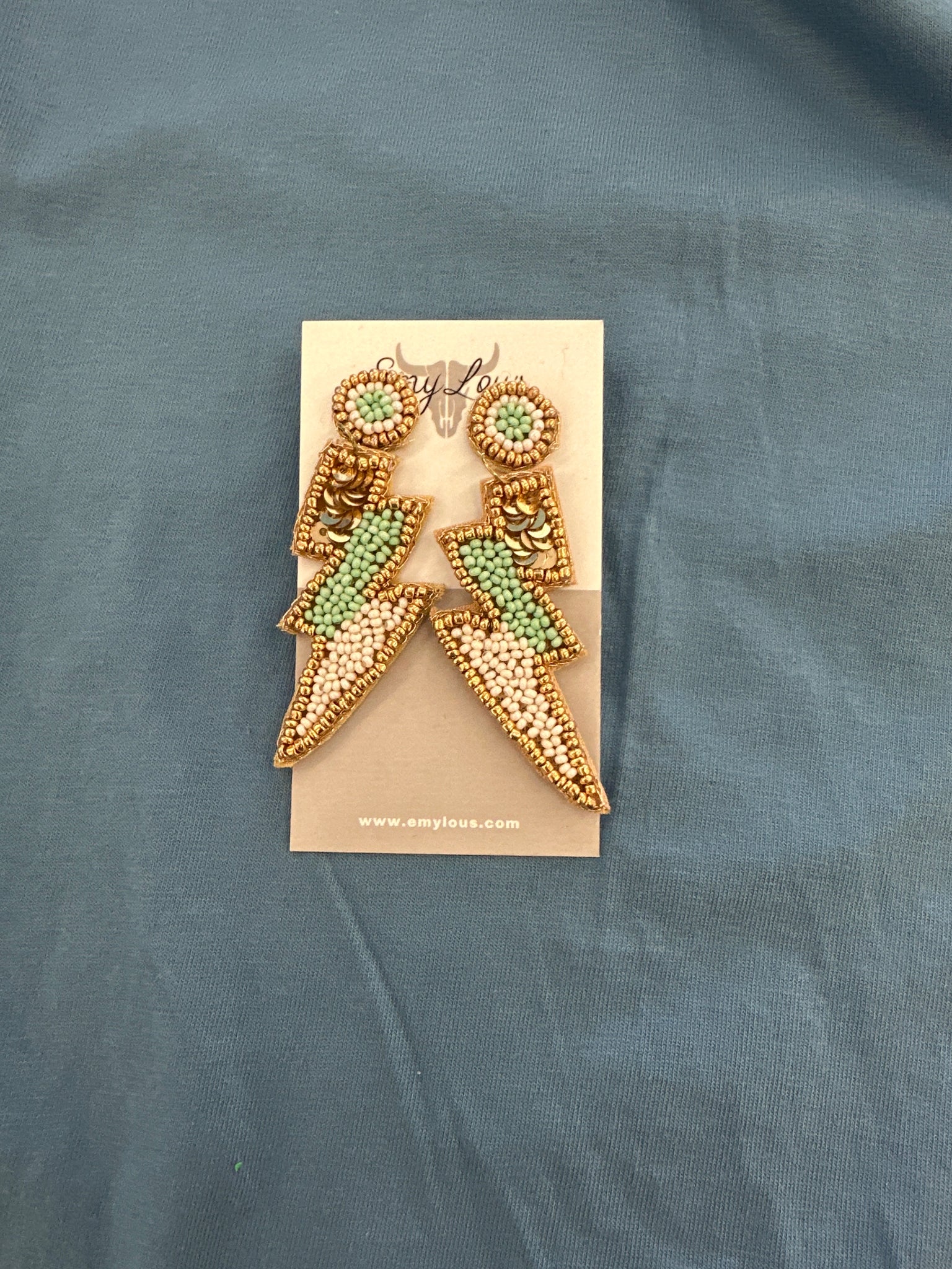 Gold Trimmed Mint and Ivory Seed Bead Thunderbolt Earrings