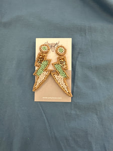 Gold Trimmed Mint and Ivory Seed Bead Thunderbolt Earrings