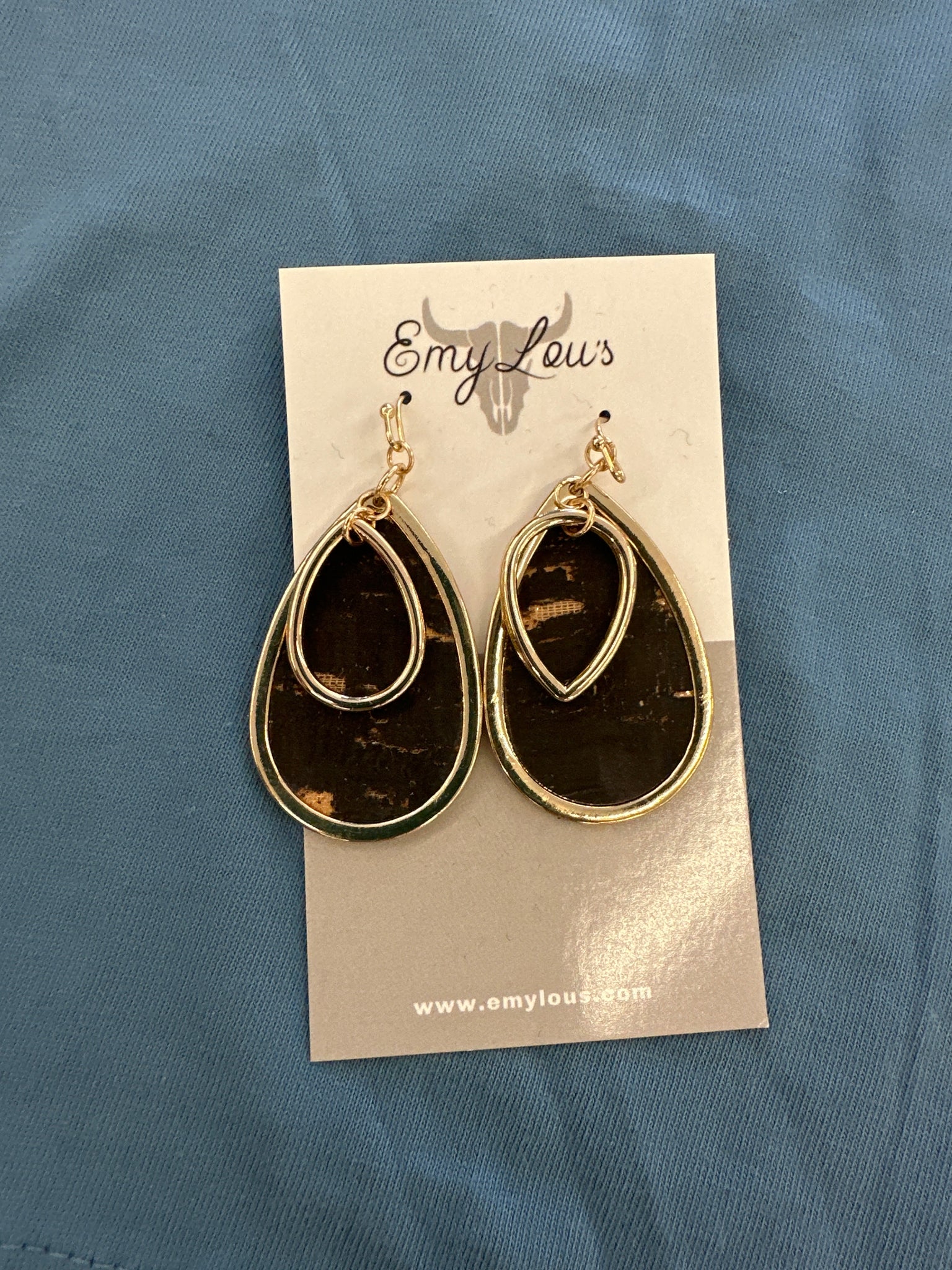 Goldtone and Black Cork Layered Teardrop Earrings