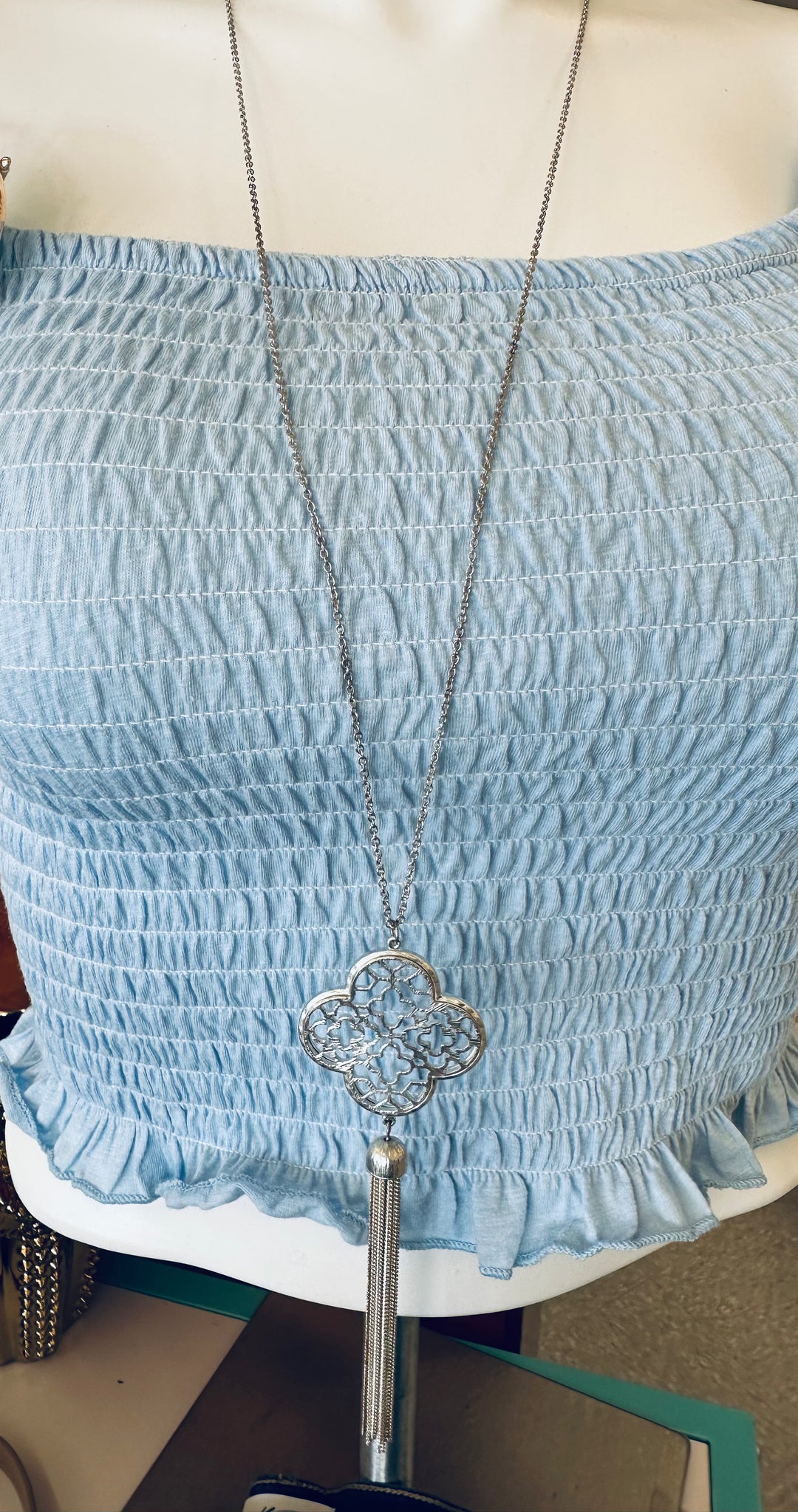 silver tassel long necklace