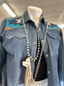 Cowhide and Mint beaded tassel necklace