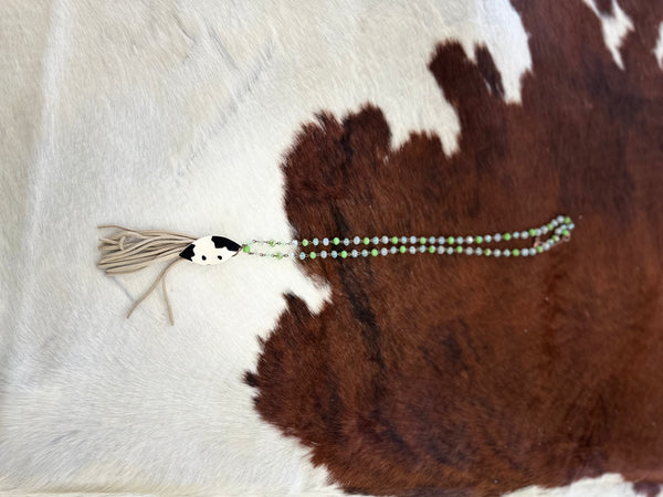 Cowhide and Mint beaded tassel necklace