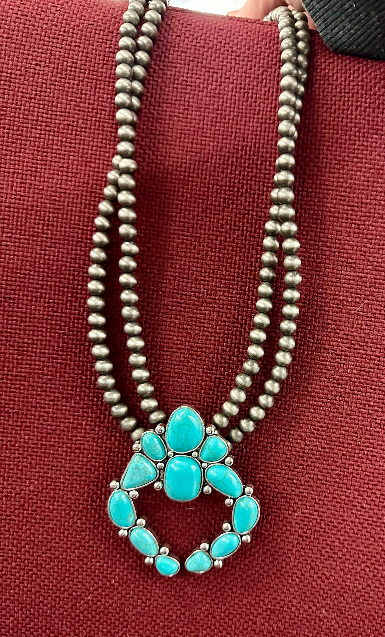 Roselynn Squash Blossom Necklace With Turquoise Stones with Navajo Pearls!