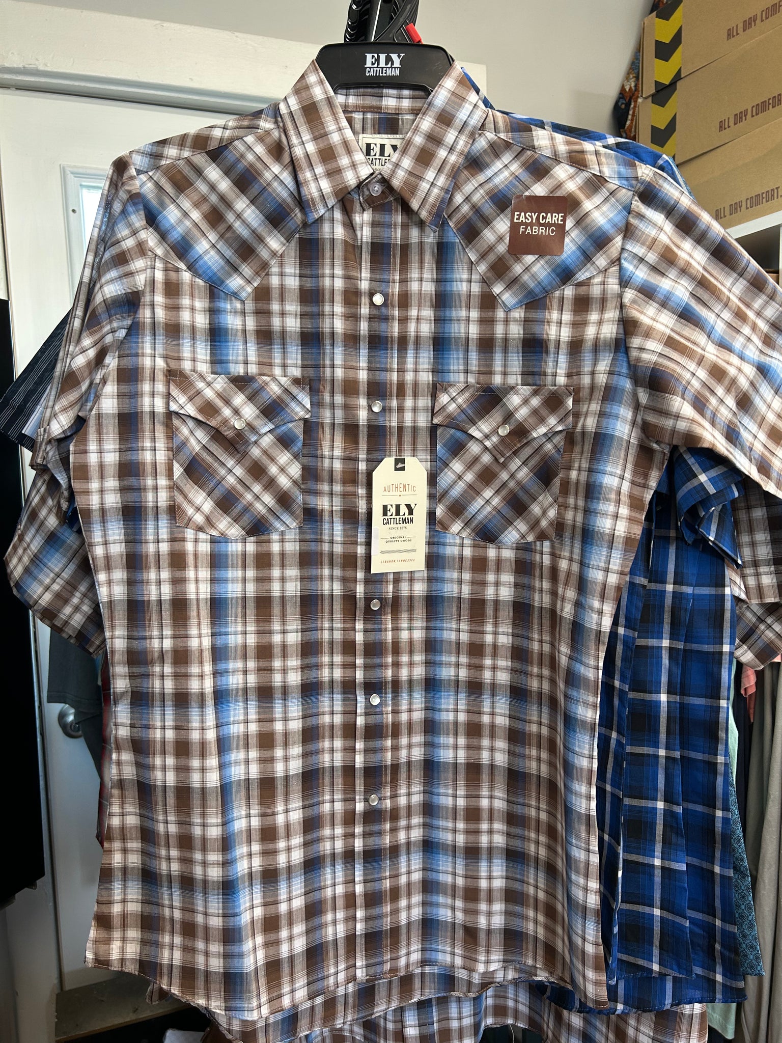 Ely Cattleman Pearl Snap- White, Brown, & Blue Short Sleeve