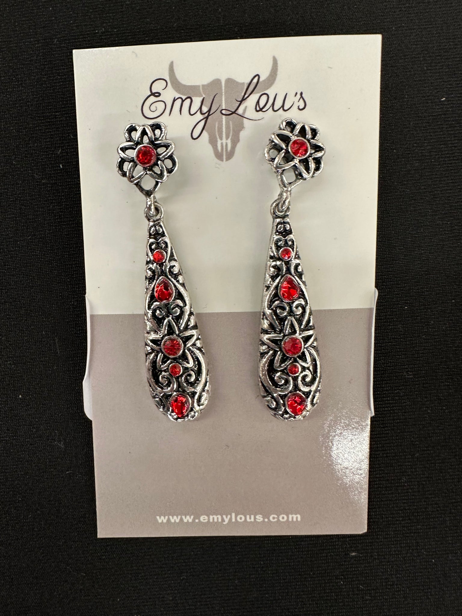 Red Crystal Teardrop Maggie SIlvertone Earrings