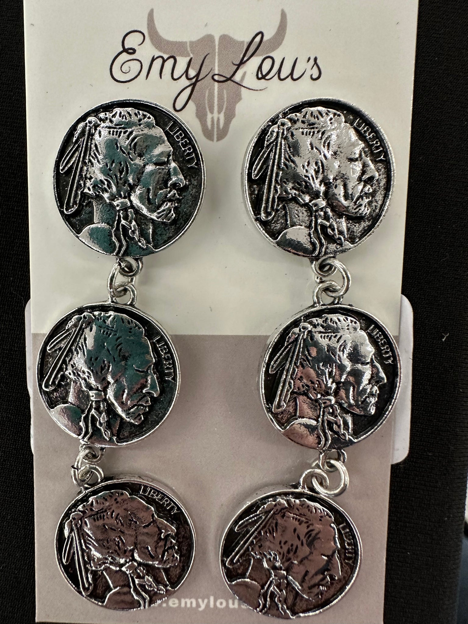 Silvertone Tiered Indian Head Nickel Earrings