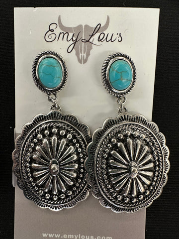 Turquoise and Silvertone Coronado Concho Earrings